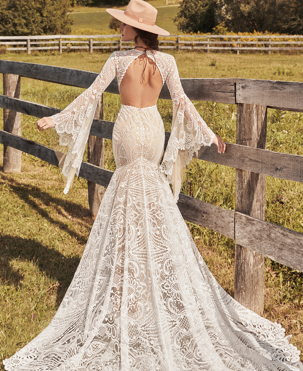 Rustic Boho Wedding Dress with Bell Sleeves and High Neckline